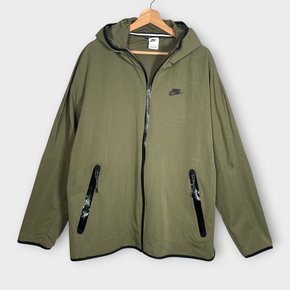 Nike Tech Woven Windbreaker Jacket Men’s XL Hooded Full Zip Olive Green Hiking